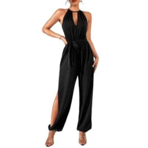Hot Miami Styles Pants - Hot Miami Styles Black Slit Hem Belted Harem Jumpsuit